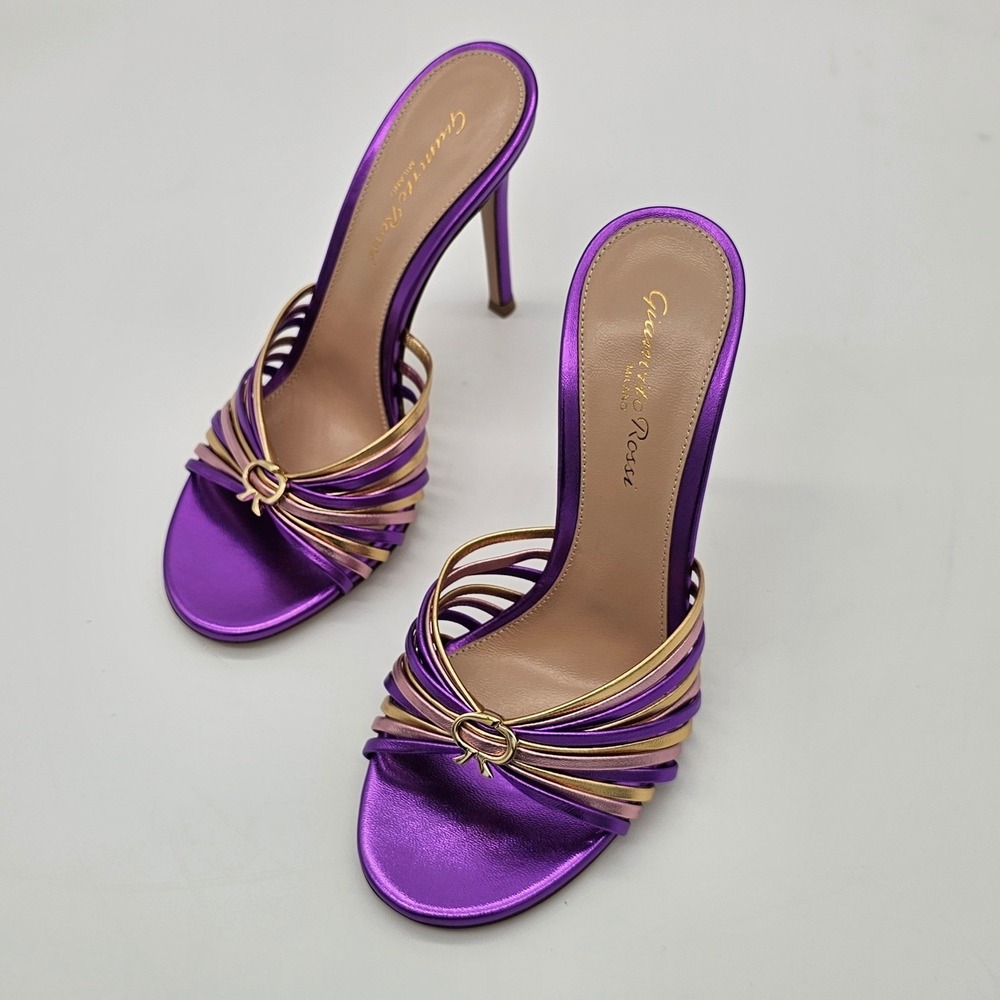 Gianvito Rossi Sandals Women Silk 115 High Heel Purple Gold Metallic Strappy 7.5 - Picture 2 of 8